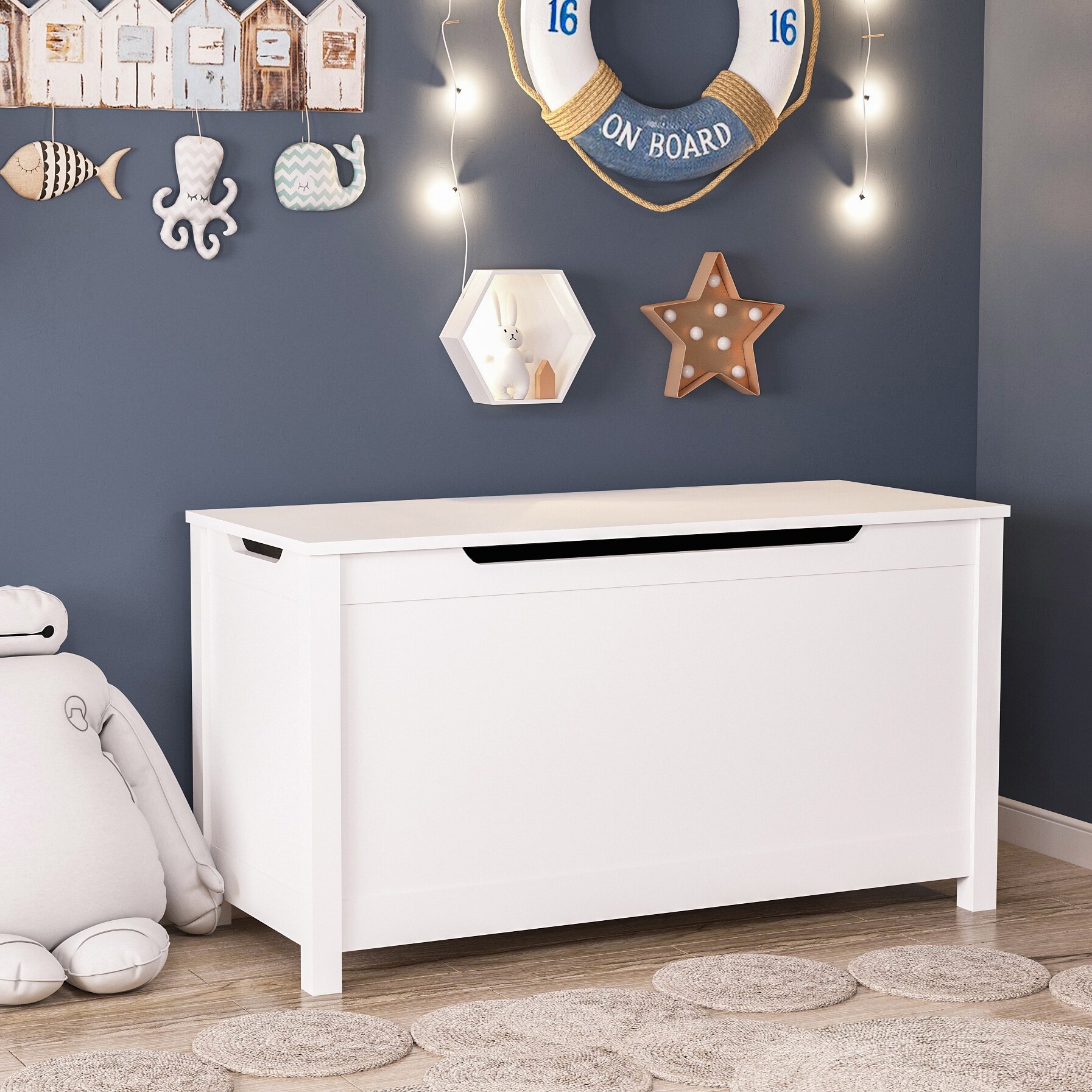 Hinged outlet toy box